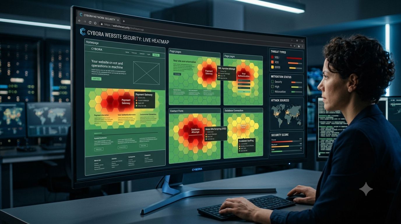 A live security heatmap showing where visitors click and where attack attempts concentrate on a website.